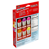 Image of a Snoopy Snow Cone Maker Refill Kit by Cra-Z-Art, featuring six flavors: cherry, grape, strawberry, orange, fruit punch, and lemon, with nutritional information displayed.