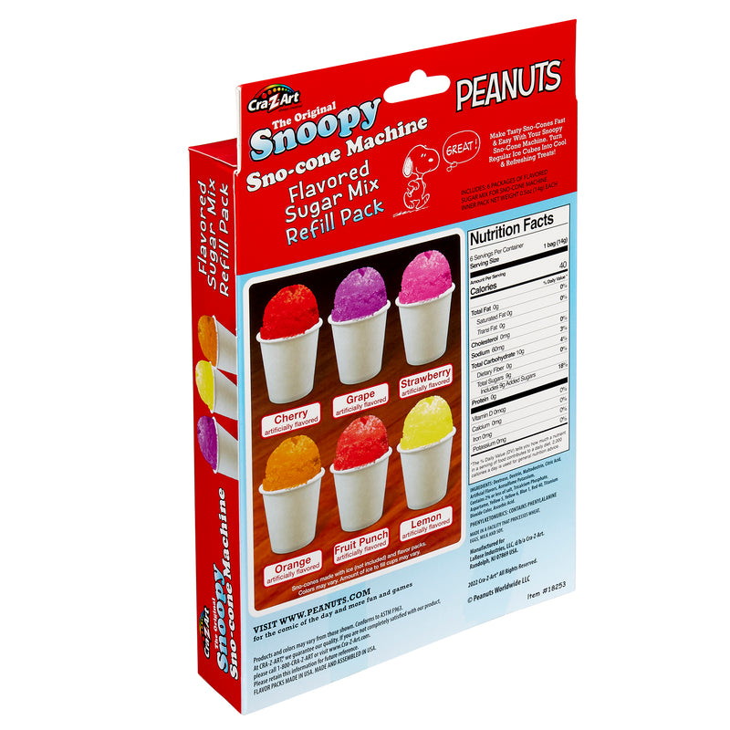Image of a Snoopy Snow Cone Maker Refill Kit by Cra-Z-Art, featuring six flavors: cherry, grape, strawberry, orange, fruit punch, and lemon, with nutritional information displayed.