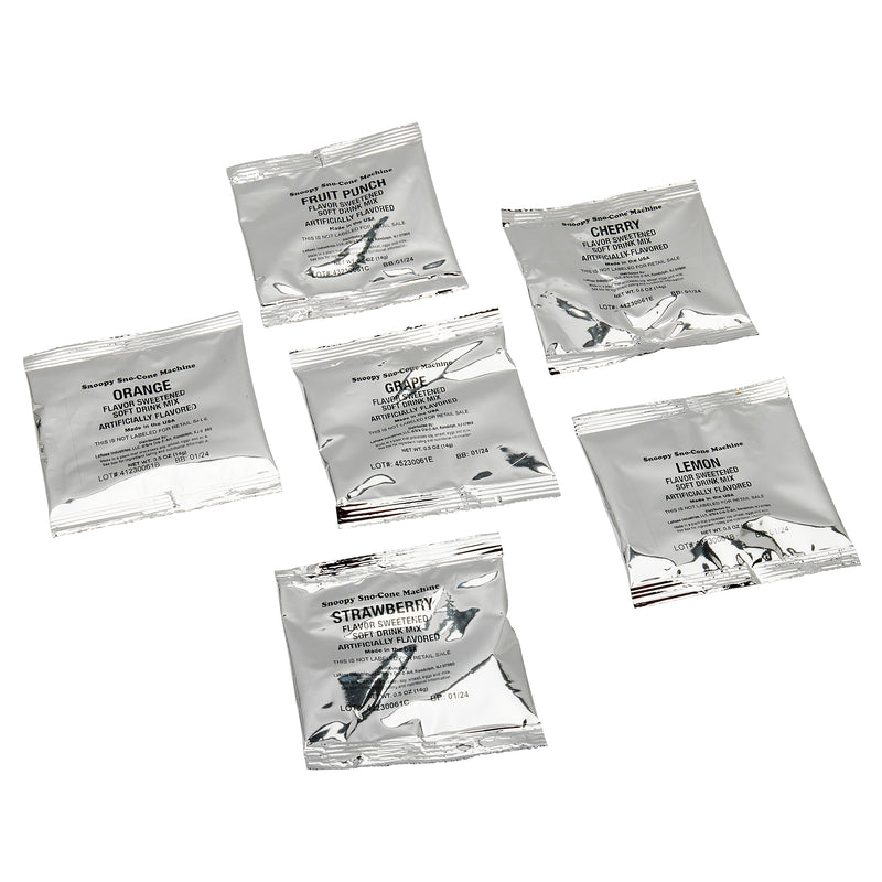 Six silver packets of the Snoopy Snow Cone Maker Refill Kit including fruit punch, cherry, orange, grape, lemon-lime, and strawberry are displayed on a white background.