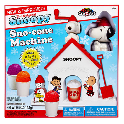 Box of "Snoopy Snow Cone Maker," featuring Snoopy on top of a red doghouse with three colorful sno-cones and characters from Peanuts. Includes product details and safety warnings.