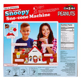 Box of the "Snoopy Snow Cone Maker" featuring images of the product and children using it, along with included items like a Snoopy ice shaver, syrup bottle, shovel scoop, and flavor soft drink mix.