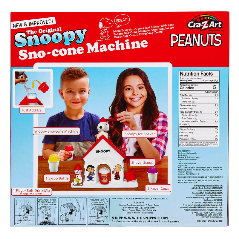 Box of the "Snoopy Snow Cone Maker" featuring images of the product and children using it, along with included items like a Snoopy ice shaver, syrup bottle, shovel scoop, and flavor soft drink mix.