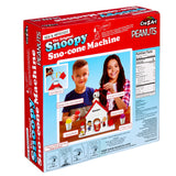 The image shows the back of a packaging box for Snoopy Snow Cone Maker. It features two children making sno-cones and includes a list of contents and nutrition facts.