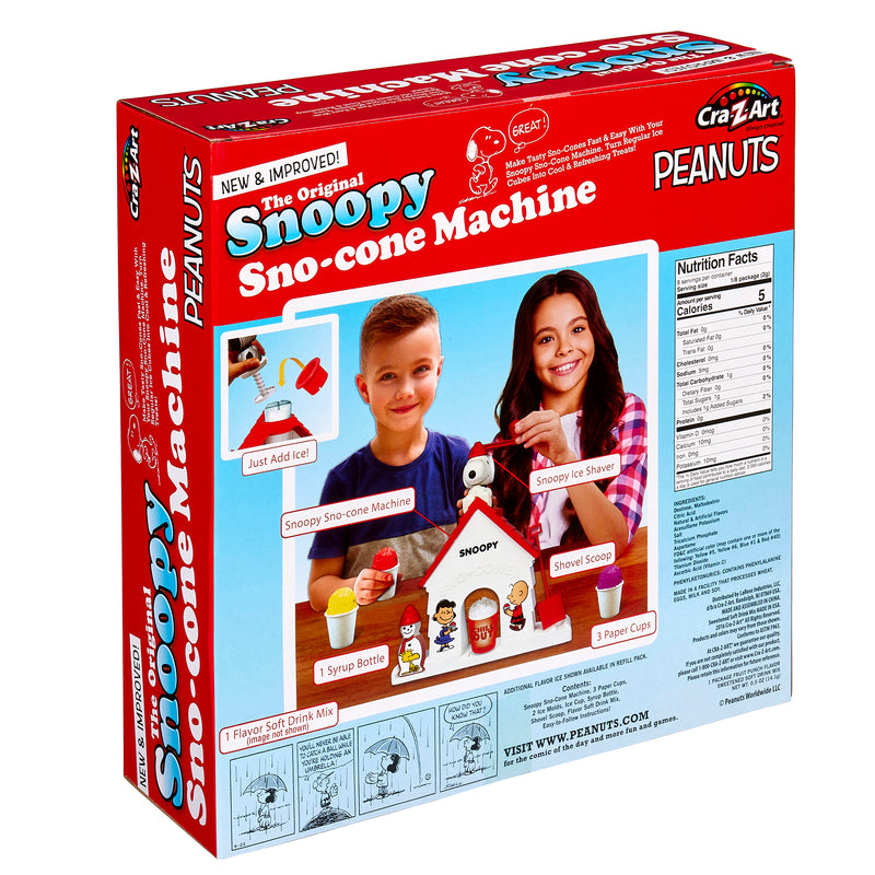 The image shows the back of a packaging box for Snoopy Snow Cone Maker. It features two children making sno-cones and includes a list of contents and nutrition facts.