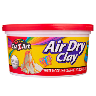 A tub of Cra-Z-Art Air Dry Modeling Clay 2.5 lbs: Create, Mold, and Paint Without Baking!, white compound. The packaging features colorful designs, a volcano model, and a butterfly illustration.