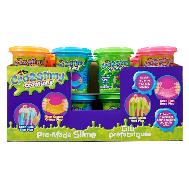A display of Cra-Z-Slimy Single Cans 4 OZ: Colorful, Stretchy Sensory Delight for Everyday Play! in neon colors, including orange, green, blue, and pink, in plastic containers. The display box has text in English and French.