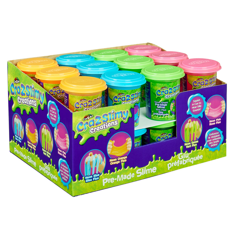 A colorful display box with small tubs of Cra-Z-Slimy Single Cans 4 OZ: Colorful, Stretchy Sensory Delight for Everyday Play! in various colors. The packaging highlights the slime's neon colors and soft texture.