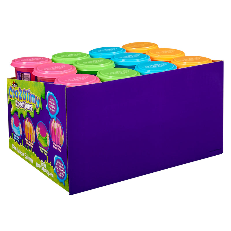 A display box containing multiple brightly colored tubs of Cra-Z-Slimy Single Cans 4 OZ: Colorful, Stretchy Sensory Delight for Everyday Play! The tubs have various colored lids including pink, green, blue, and orange.