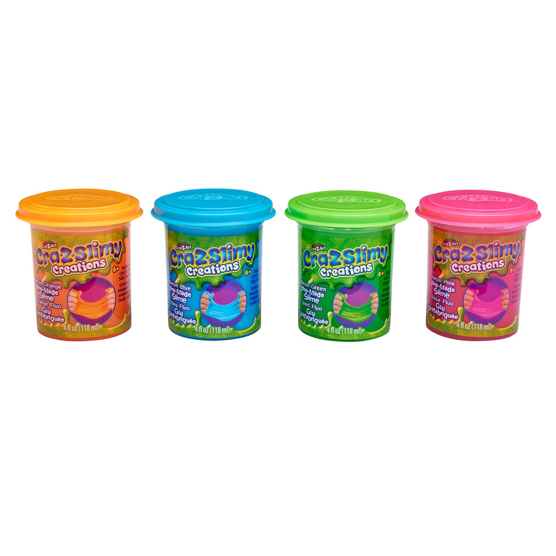Four containers of Cra-Z-Slimy Single Cans 4 OZ: Colorful, Stretchy Sensory Delight for Everyday Play! are displayed in a row. The container colors are orange, blue, green, and pink. Each container features colorful labeling and a plastic lid matching the container color.