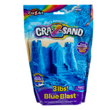 Cra-Z Sand Blue Blast 3lb Bag package with 3 lbs of blue modeling sand. The front features an image of a sandcastle and emphasizes non-staining, non-toxic properties, and that the sand never dries out.