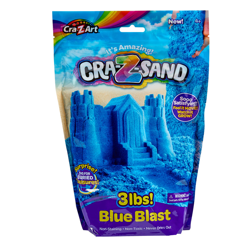 Cra-Z Sand Blue Blast 3lb Bag package with 3 lbs of blue modeling sand. The front features an image of a sandcastle and emphasizes non-staining, non-toxic properties, and that the sand never dries out.