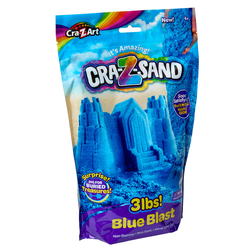 Cra-Z Sand Blue Blast 3lb Bag. The package shows a blue sand castle and emphasizes features like non-staining, non-toxic, and ages 4+.