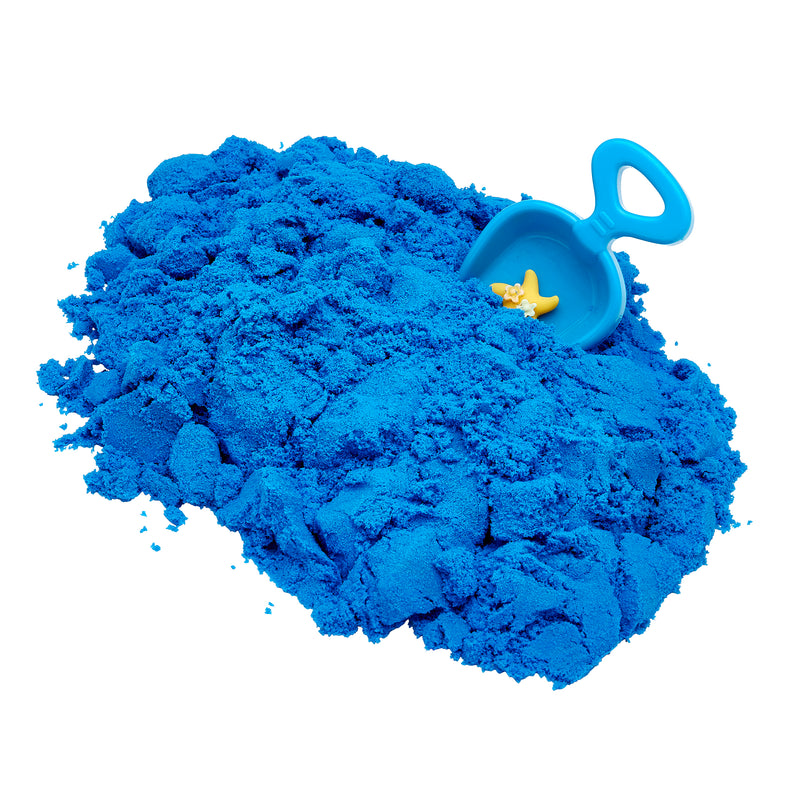 A pile of Cra-Z Sand Blue Blast 3lb Bag with a plastic scoop partially buried in the sand, containing a yellow star shape.