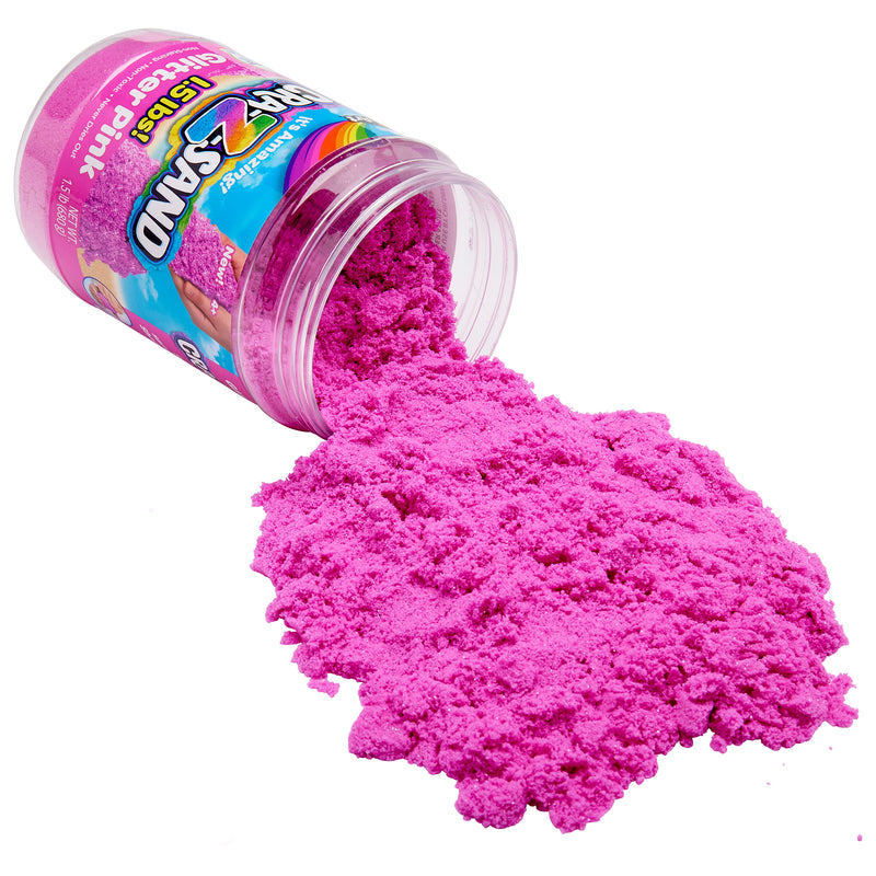 A container of bright pink Cra-Z-Sand Pink Glitter Sand, 1.5 LB Tub is tipped over, spilling its contents onto a white surface.