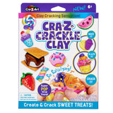Front packaging of Cra-Z Crackle Clay. Image features colorful clay treats and hands demonstrating making, glazing, and cracking the clay. Text highlights it as a clay cracking sensation for ages 6 and up.