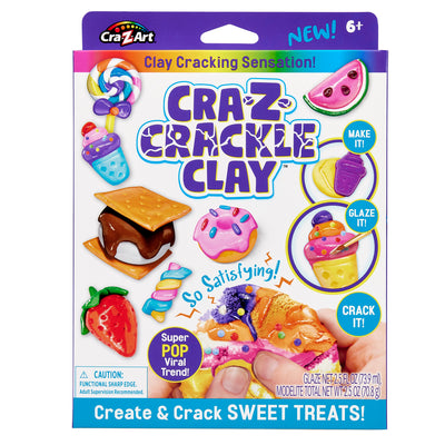 Front packaging of Cra-Z Crackle Clay. Image features colorful clay treats and hands demonstrating making, glazing, and cracking the clay. Text highlights it as a clay cracking sensation for ages 6 and up.