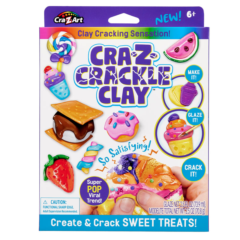 Front packaging of Cra-Z Crackle Clay. Image features colorful clay treats and hands demonstrating making, glazing, and cracking the clay. Text highlights it as a clay cracking sensation for ages 6 and up.