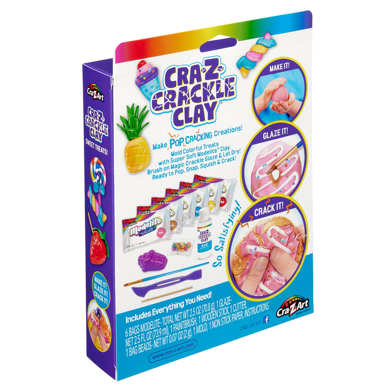 Box containing the Cra-Z Crackle Clay, featuring colorful clay, tools, and accessories for creative crafting. The packaging displays examples of clay creations and lists included contents.
