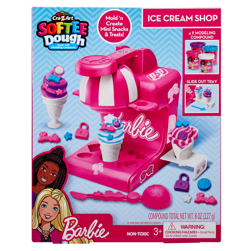 Barbie Softee Dough Ice Cream Shop set featuring pink ice cream maker, molds, accessories, and compound. Includes images of ice cream cones and Barbie branding. Suitable for ages 3 and up.