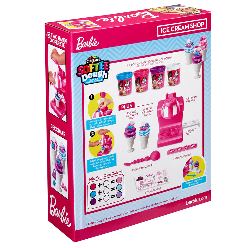 Back of a Barbie Softee Dough Ice Cream Shop box featuring four tubs of modeling compound, ice cream molds, and decorating tools with instructions detailing how to use each item for creative play.