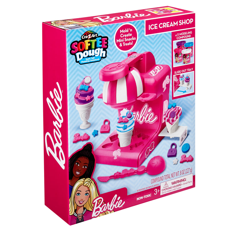 A boxed Barbie Softee Dough Ice Cream Shop with modeling compound, featuring a toy ice cream machine and various accessories. Suitable for children aged 3+, contains small parts.