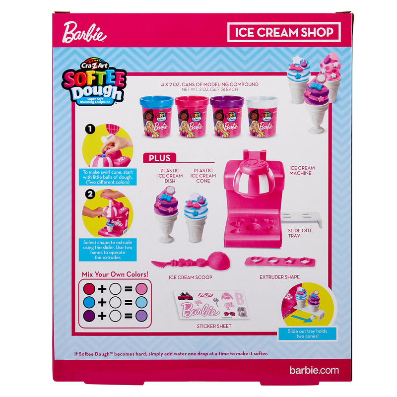 Image of the back of a Barbie Softee Dough Ice Cream Shop toy box showing contents: modeling compound, ice cream machine, ice cream cones, cups, scoops, extruder, stickers, and instructions for mixing colors.