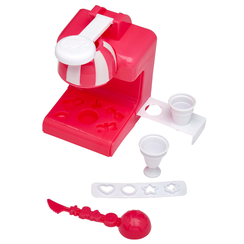 Red and white Barbie Softee Dough Ice Cream Shop with molds, cups, and tools for shaping play dough into various shapes like hearts, stars, and flowers.