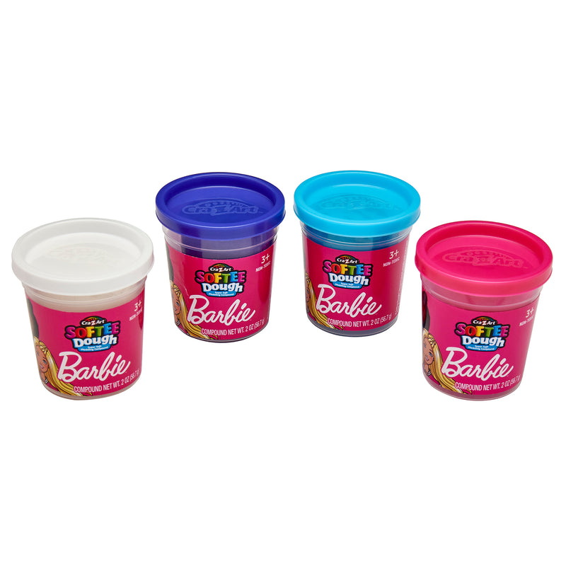 Four containers of Barbie Softee Dough Ice Cream Shop with Barbie branding, featuring white, blue, purple, and pink lids, displayed side by side.