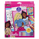 Barbie Crayon By Number with 3 posters and 16 crayons, featuring Barbie and friends. Package shows example posters and crayons. For ages 4 and up.