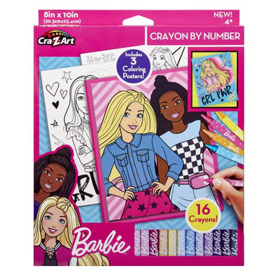 Barbie Crayon By Number with 3 posters and 16 crayons, featuring Barbie and friends. Package shows example posters and crayons. For ages 4 and up.