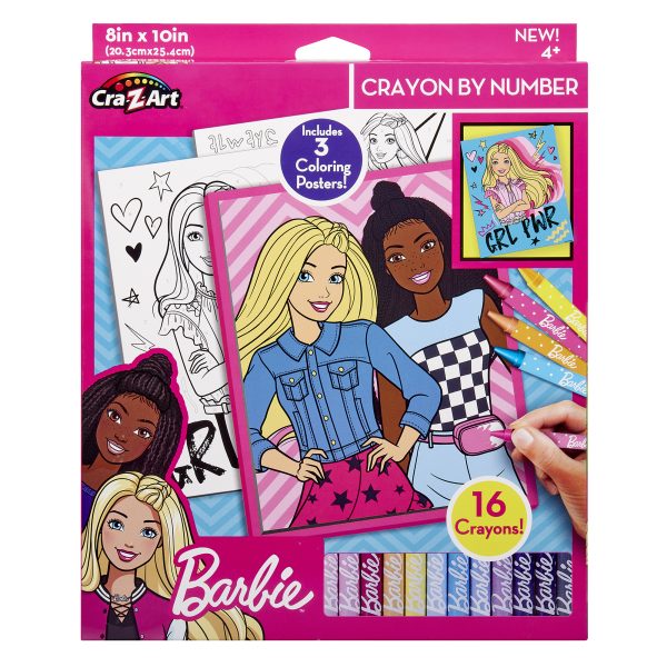 Barbie Crayon By Number with 3 posters and 16 crayons, featuring Barbie and friends. Package shows example posters and crayons. For ages 4 and up.