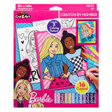 Barbie Crayon By Number set featuring Barbie-themed coloring posters and 16 crayons. Includes three coloring posters showcasing diverse Barbie characters.