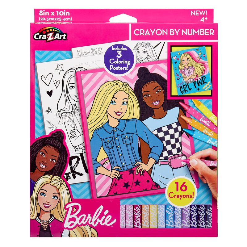 Barbie Crayon By Number set featuring Barbie-themed coloring posters and 16 crayons. Includes three coloring posters showcasing diverse Barbie characters.