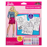 Image of a Barbie Crayon By Number coloring kit, featuring 3 coloring posters, 16 crayons, and instructions. The kit cover shows an illustrated Barbie and sample colored posters.