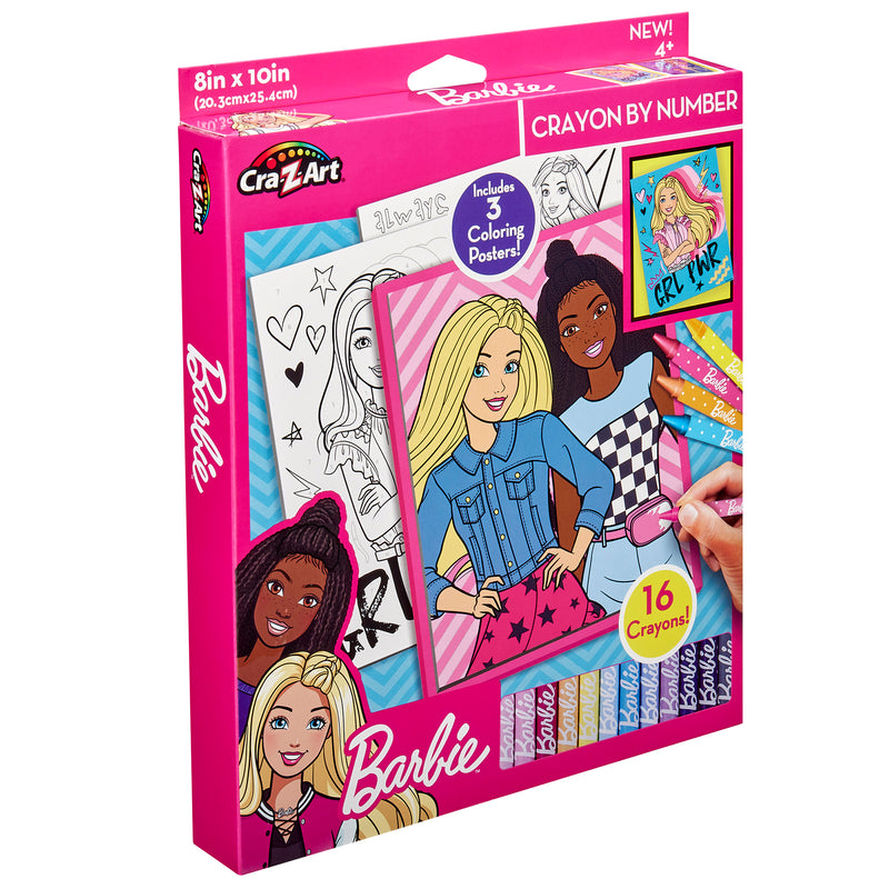Box of Barbie Crayon By Number featuring Barbie-themed coloring posters and 16 crayons. The box shows three coloring posters with illustrations of four female characters.