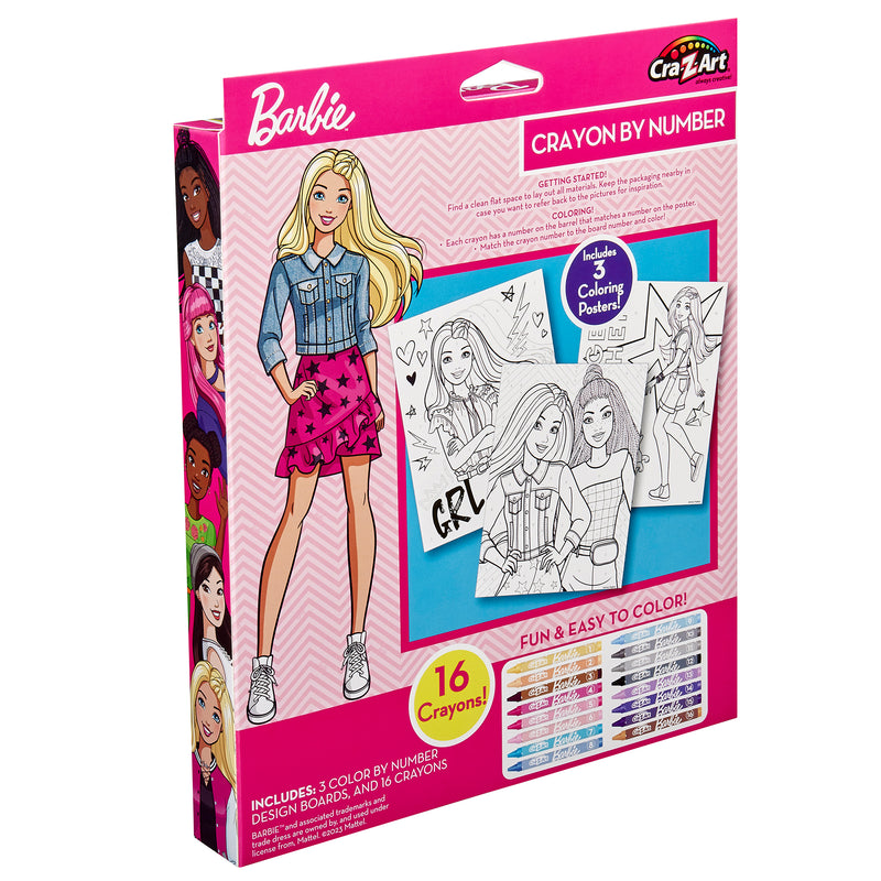 Barbie Crayon By Number set by Cra-Z-Art, including 16 crayons, three coloring posters, and design boards. The packaging displays a Barbie illustration and instructions.