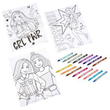 Three Barbie Crayon By Number sets are arranged on a white background. The sheets feature Barbie and friends with various empowering slogans and designs.