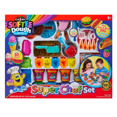 Softee Dough Super Chef Set packaging with various play dough tools and accessories displayed, including rolling pins, molds, and dough containers. Suitable for ages 3 and up.