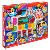 Softee Dough Super Chef Set featuring 24 ounces of dough, multiple play utensils, molds, and accessories. Box displays two kids playing and includes over 50 pieces.