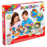 Two children playing with Softee Dough Super Chef Set, which includes play dough, kitchen utensils, and molds for creating food shapes. The box highlights over 50 pieces and recipe cards.
