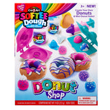A colorful playset box showing "Softee Dough Donut Shop Medium box". Includes modeling compounds and tools to create toy donuts and donut holes, for ages 3 and up. Warning of small parts included.