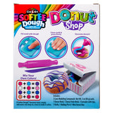 Front packaging of Softee Dough Donut Shop Medium box, showing tools and instructions for making and decorating toy donuts with modeling compound.