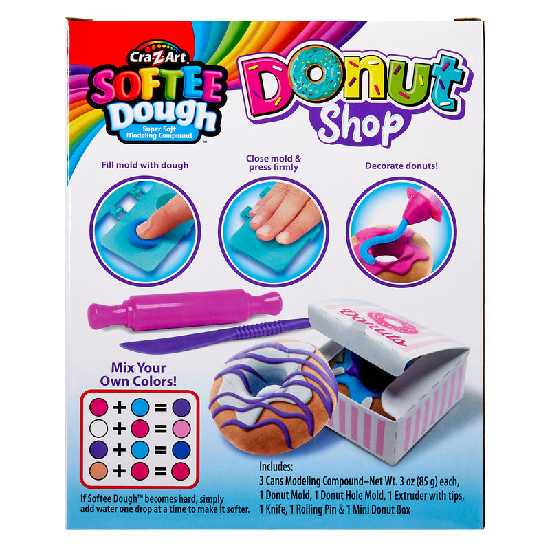 Front packaging of Softee Dough Donut Shop Medium box, showing tools and instructions for making and decorating toy donuts with modeling compound.
