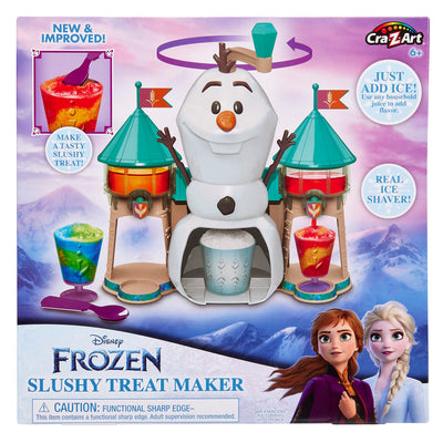 A Disney Frozen 2 Slushy Treat Maker by Cra-Z-Art featuring Olaf in the center. Comes with two colored drink shavers; packages of popsicles visible in the upper left corner.