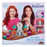 Children's toy featuring characters from Disney's Frozen. The set, Disney Frozen 2 Slushy Treat Maker, includes a slushy treat maker shaped like Olaf, with various accessories. Instructions indicate how to make icy treats by adding ice.