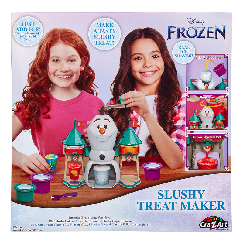 Children's toy featuring characters from Disney's Frozen. The set, Disney Frozen 2 Slushy Treat Maker, includes a slushy treat maker shaped like Olaf, with various accessories. Instructions indicate how to make icy treats by adding ice.
