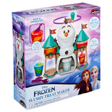 The image shows the packaging for a Disney Frozen 2 Slushy Treat Maker featuring Olaf, with Anna and Elsa pictured on the box front. The box highlights "new & improved" features, "real ice shaver" functionality, and "just add ice.