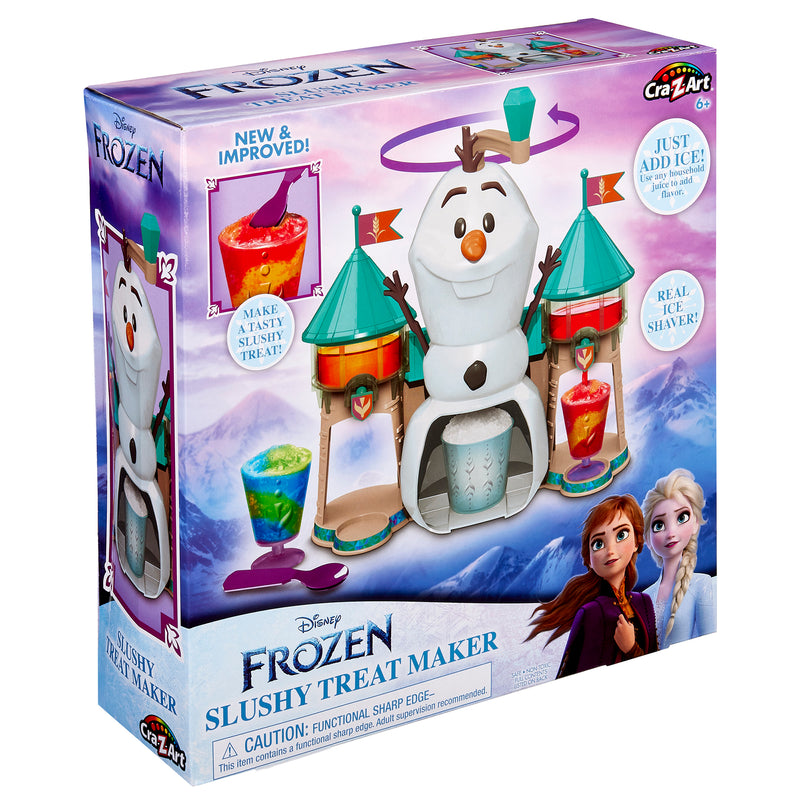 The image shows the packaging for a Disney Frozen 2 Slushy Treat Maker featuring Olaf, with Anna and Elsa pictured on the box front. The box highlights "new & improved" features, "real ice shaver" functionality, and "just add ice.