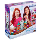 Two children are shown on the Disney Frozen 2 Slushy Treat Maker box. The kit includes an Olaf-shaped device and ingredients to make slushies. The packaging features the Frozen logo and instructions.