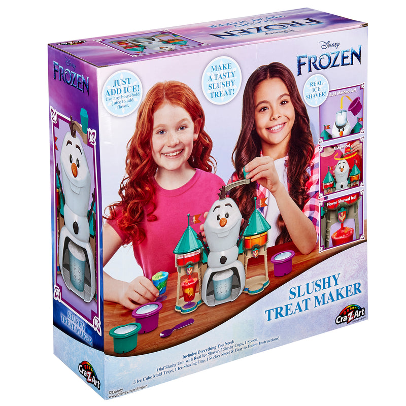 Two children are shown on the Disney Frozen 2 Slushy Treat Maker box. The kit includes an Olaf-shaped device and ingredients to make slushies. The packaging features the Frozen logo and instructions.